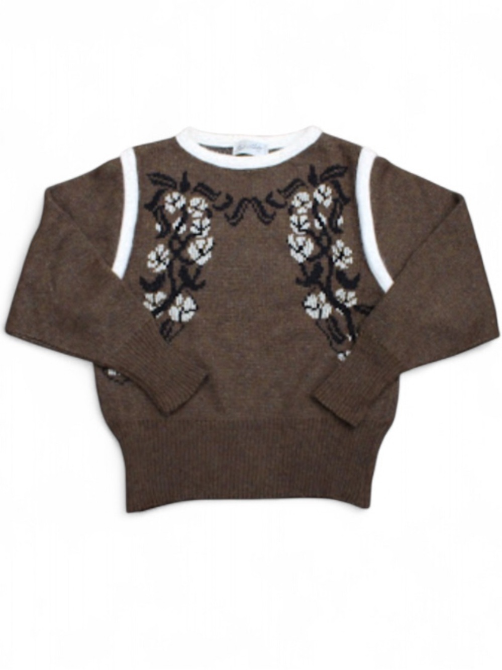 Women’s vintage M saint Charles Paris wool Brown Floral Knit Sweater White Trim